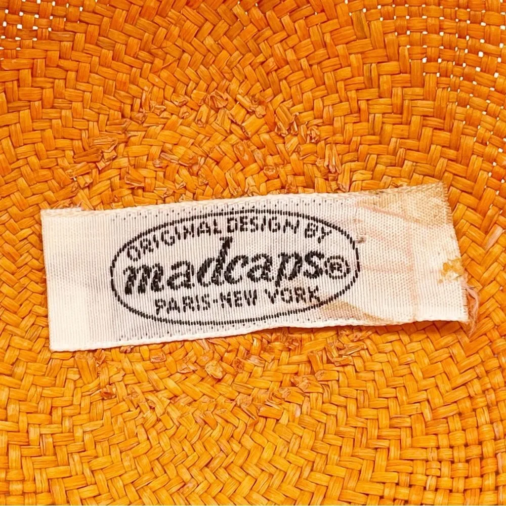 Vintage 1960s Madcaps Orange Straw Hat White Blossom Flower Pin Trim Wide Brim - Picture 14 of 16